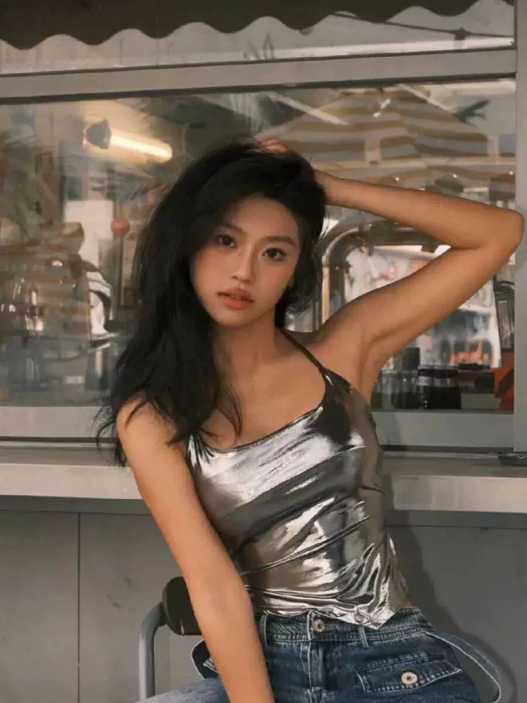 American hot girl backless halter top for women's summer new silver irregular pure desire sexy short top - view 2