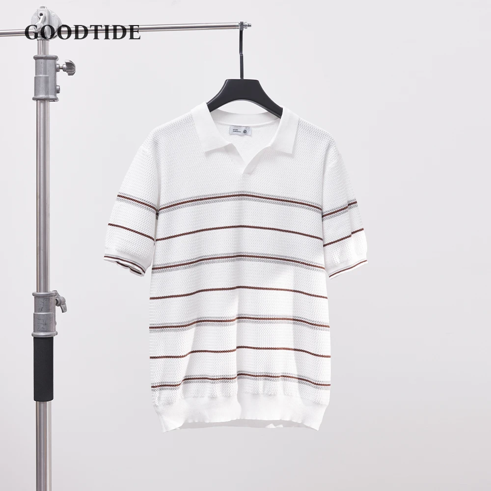 

Summer Fashion Retro Lapel Business Office Short Sleeve T-shirt Small V-neck Top Men's Clothing Men's Striped Knitted Polo Shirt