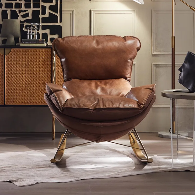 

Retro oil wax leather snail recliner home rocking chair balcony leather sofa leisure chair