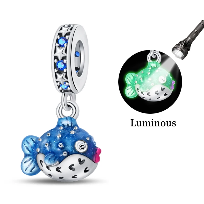 

Original 925 Sterling Silver Little Chubby Fish Glowing Zircon Charms Pendant Fit Original Bracelet DIY Women Date Jewelry Gifts