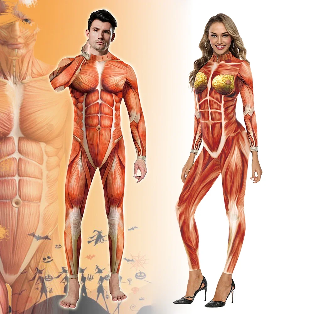 

Muscle Printed Body Jumpsuit 3D Halloween Party Elastic Human Anatomy Body Long Bodysuit Cosplay Costume Catsuit