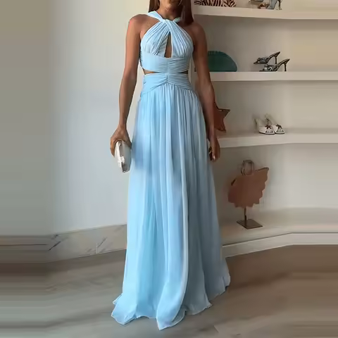 Elegant Lady Backless Slim Fit Evening Dress Fashion Hollowed Out Sleeveless Cocktail Dress Blue Off Shoulder Pleated Long Dress