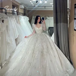 Abito da sposa di lusso in pizzo ricamato con perline Abito da ballo quadrato con scollo a V Abito da sposa a maniche lunghe Vestido De Novia personalizzato