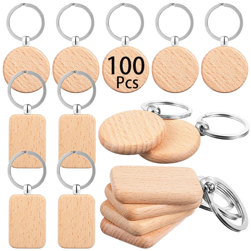 

100Pcs Rectangle Wood Keychains Blanks Wood Keyrings Wooden Key Tag with Keychain