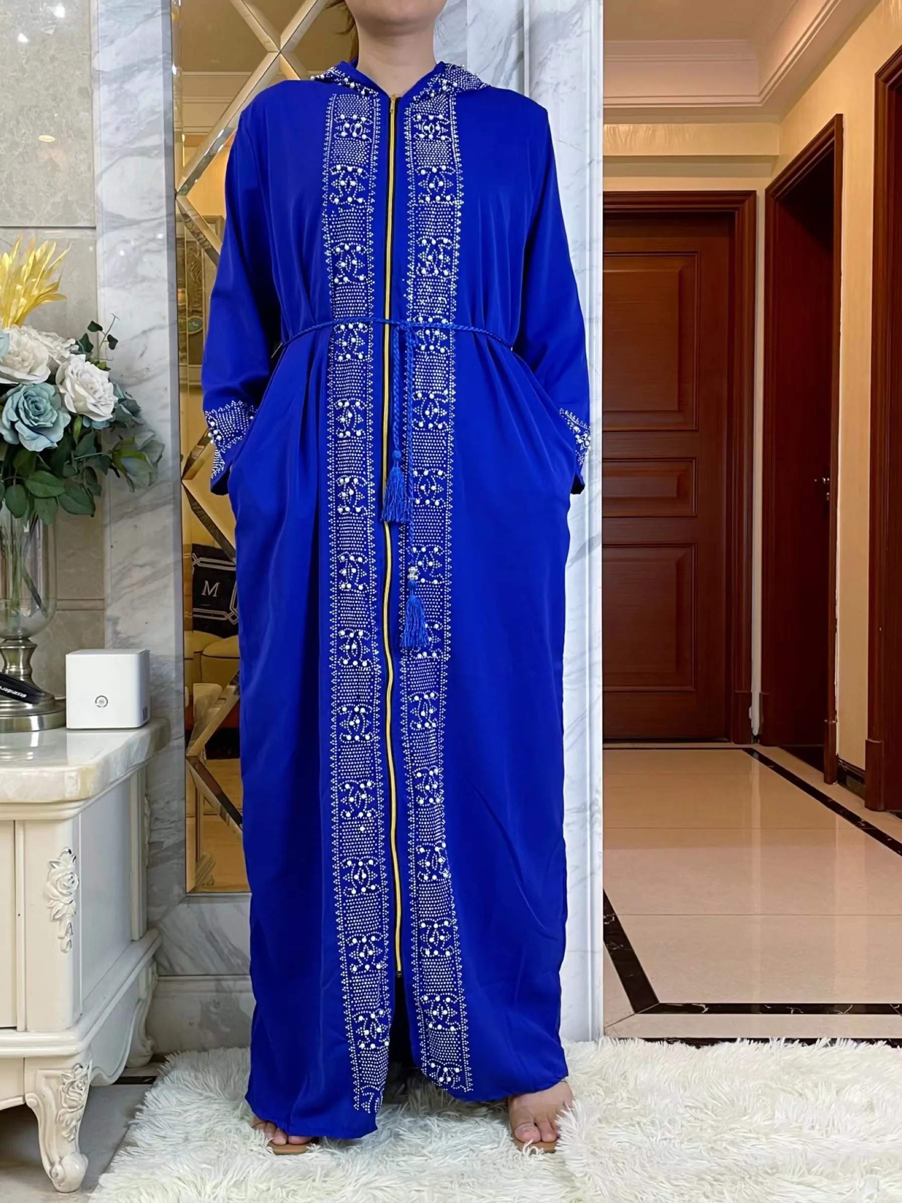 2023African Spring Long-Sleeved Zipper Dress Muslim Style Robe Fashion Hot Drill Elegant Women Abaya With Hat