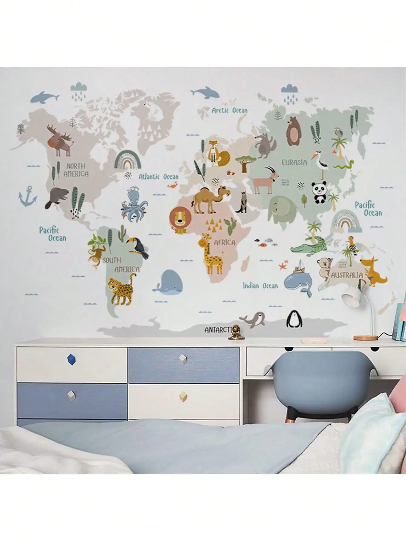 World map wall stickers creative DIY stickers cartoon animal stickers children's room bedroom decoration mural