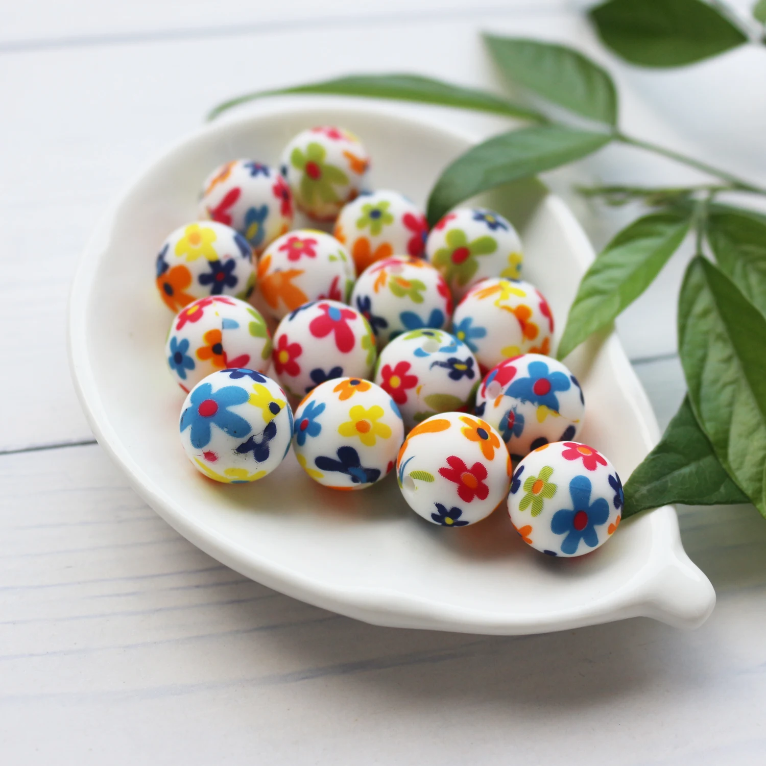 10Pcs/Lot Sunflower Daisy Printing Silicone Beads Tie Dye Marble White Colors Glow In the Dark Perles Ball