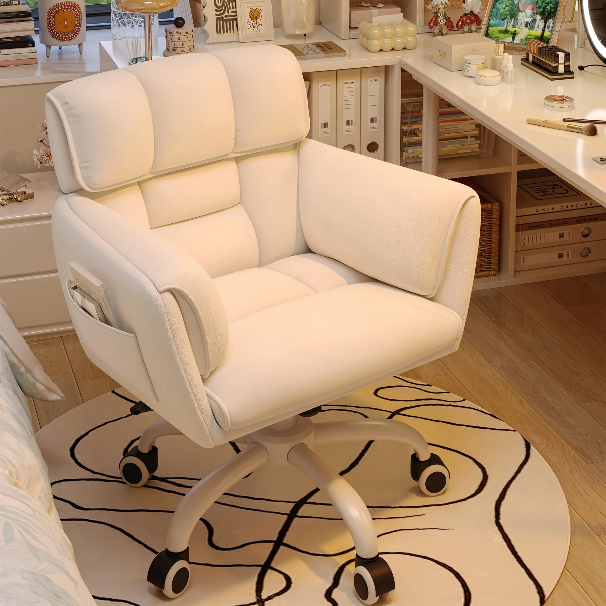 

Vanity Chair Skin-Friendly Material with Mid-Back, Modern Adjustable Height Upholstered Swivel Chair with Wheels, Desk Chairs Co