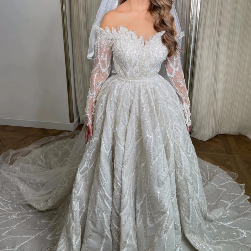 

Elegant Long Seeve Wedding Dresses Off Shoulder Pearls Rhinestone A Line Sweep Train Bride Bridal Gown Vestido De Noiva Robes