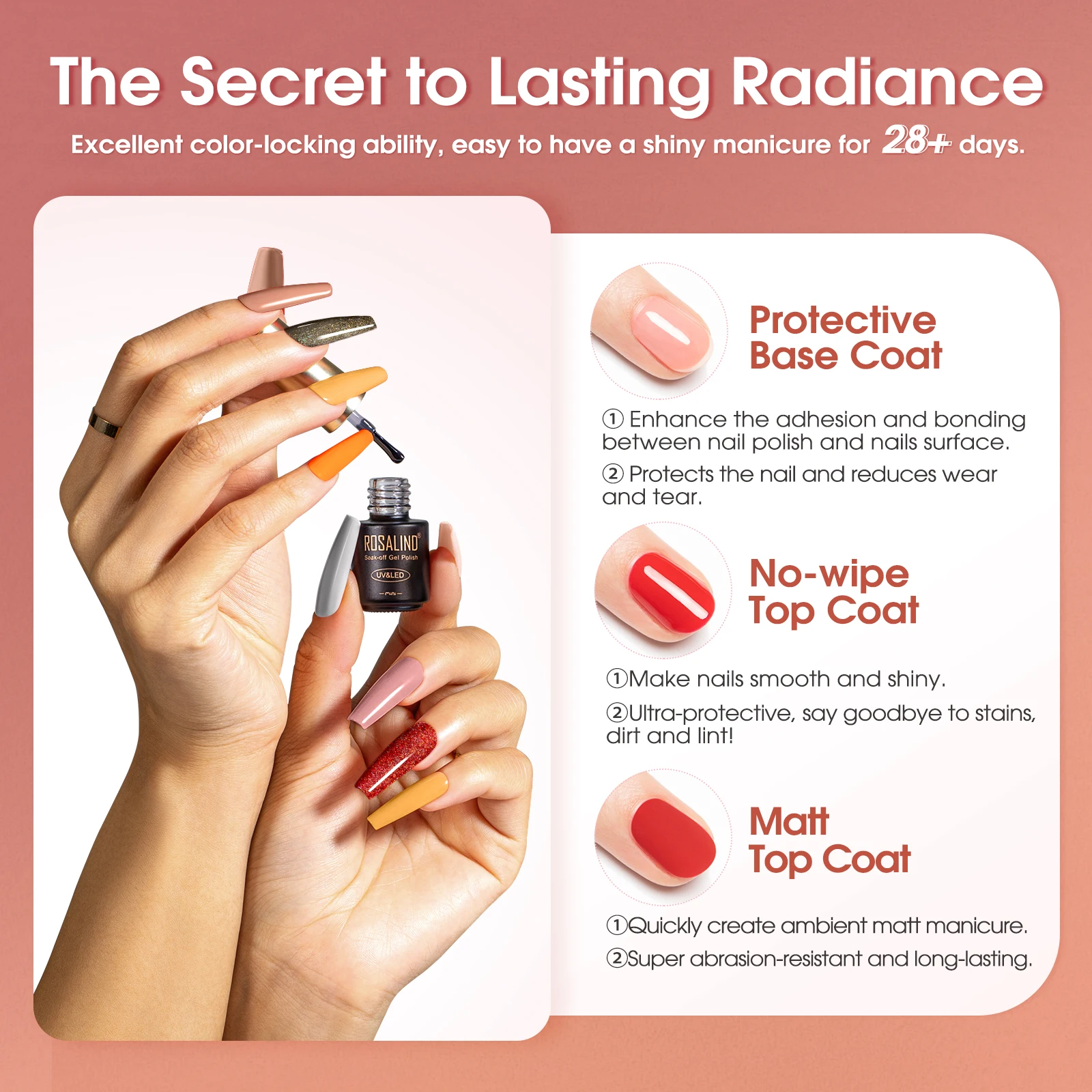 ชุดทำเล็บเจล ROSALIND 23 ชิ้น พร้อมเบสโค้ทและท็อปโค้ท เจลไฮบริดแบบลอกได้ด้วยน้ำยาล้างเล็บเจล ยูวีเจล กึ่งถาวร สำหรับตกแต่งเล็บ