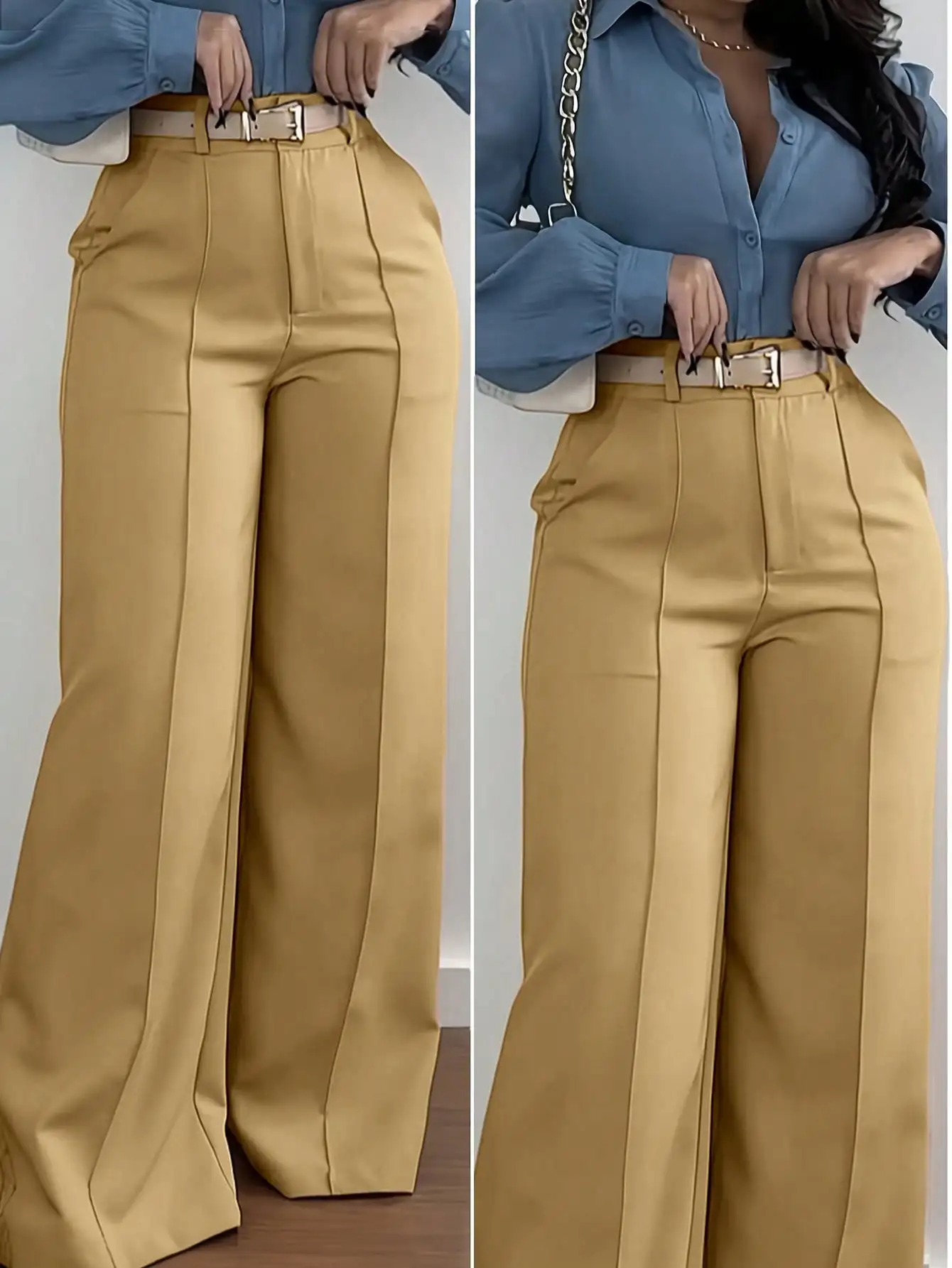 

Women's High Waist Wide Leg Trousers for Office & Casual Wear, Solid Beige Color