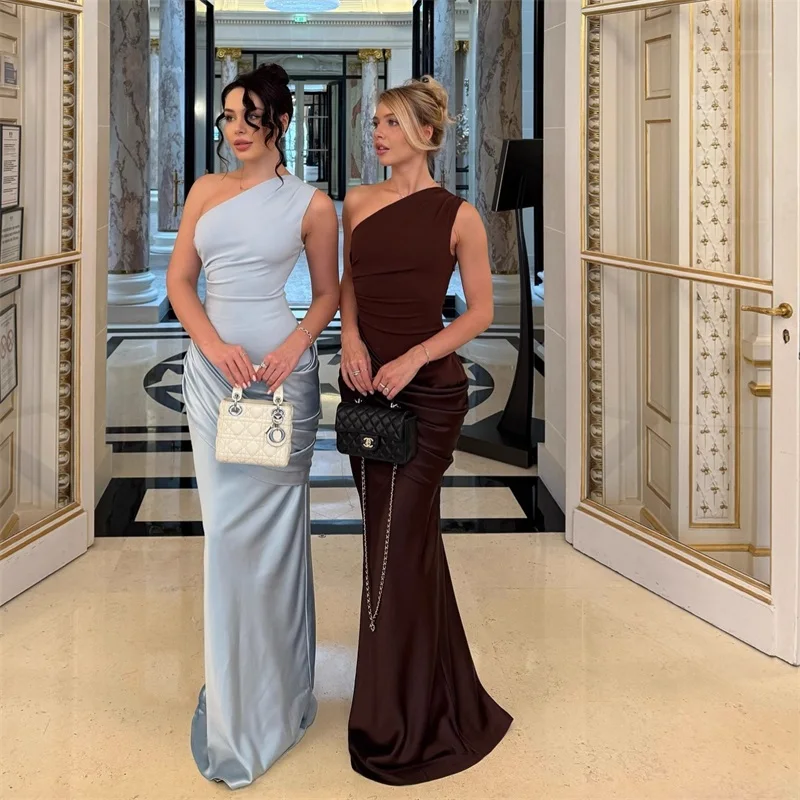 Sexy Prom Dress Sexy One Shoulder Sleeveless Long Sheath Party Gown Ruffles Satin Formal Wedding Guest Birthday Evening Robe