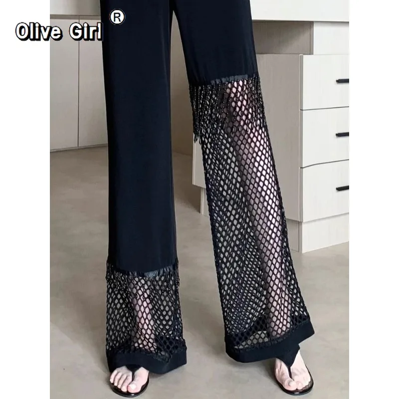 Olivegirl pantalon noir maille grille épissage évider pantalon Sexy jambe large pantalon femmes été gland clouté taille haute plancher