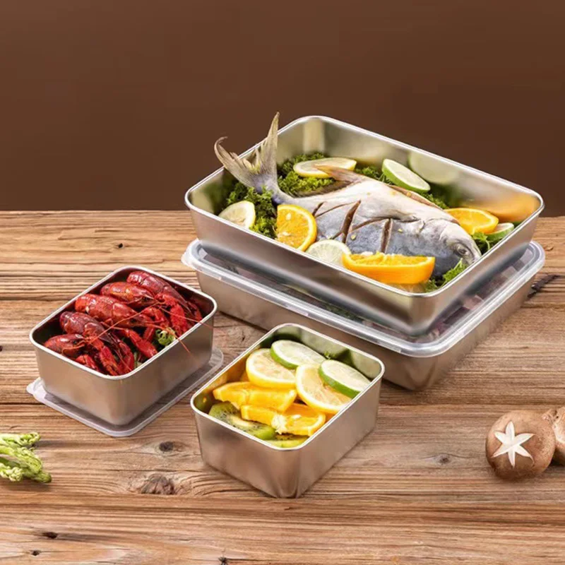 1pc Food Storage Pan Dish Tray Rectangular Fruit Lunch Box Kitchen Organizer Commercial Stainless Steel Square Plate