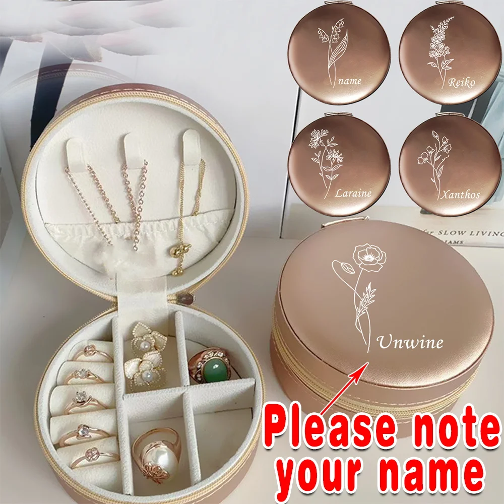 

Customized Name Travel Jewelry Storage Box PU Jewel Organizer Case Holder Earring Necklace Bracelet Ring Personalized Dustproof