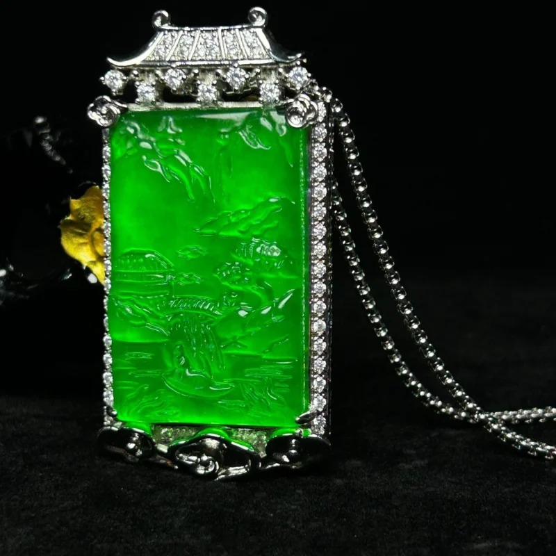 

Certified Natural Perfect High Ice Green Jade Jadeite amulet Pendant&NecklacesLandscape