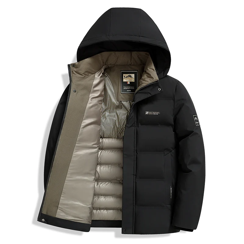 New Windproof Keep Warm Men Parka Outdoors Loose Comfort Solid Removable Hat Coats Winter Fashion Casual Thickening Tops Men