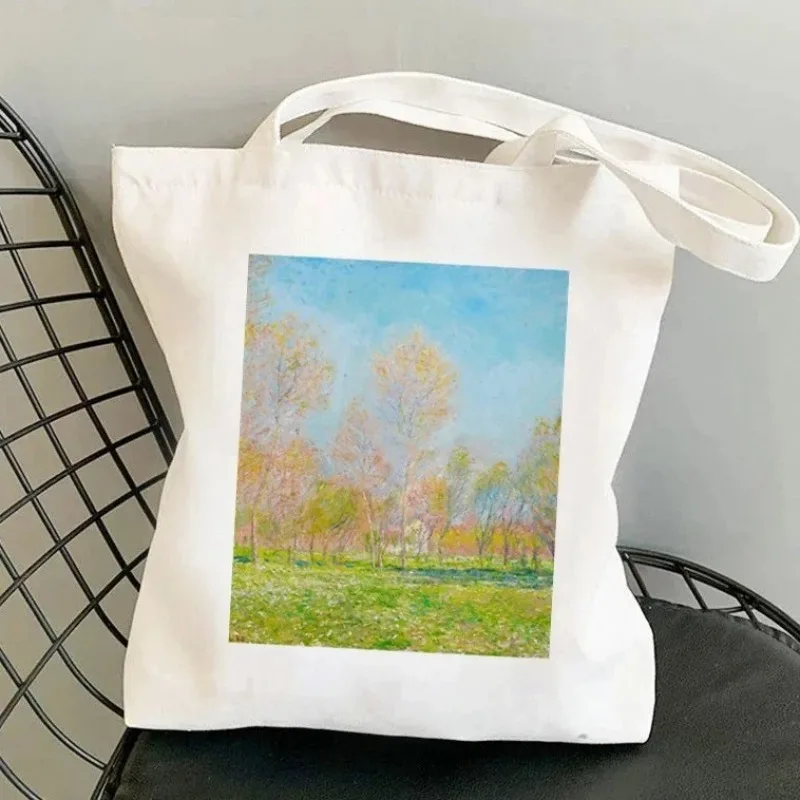 Kawaii Harajuku مونيه زنابق الماء الأزهار طباعة قماش حمل حقيبة كتف المرأة صديقة للبيئة قابلة لإعادة الاستخدام حقيبة يد للتسوق اليومي #3