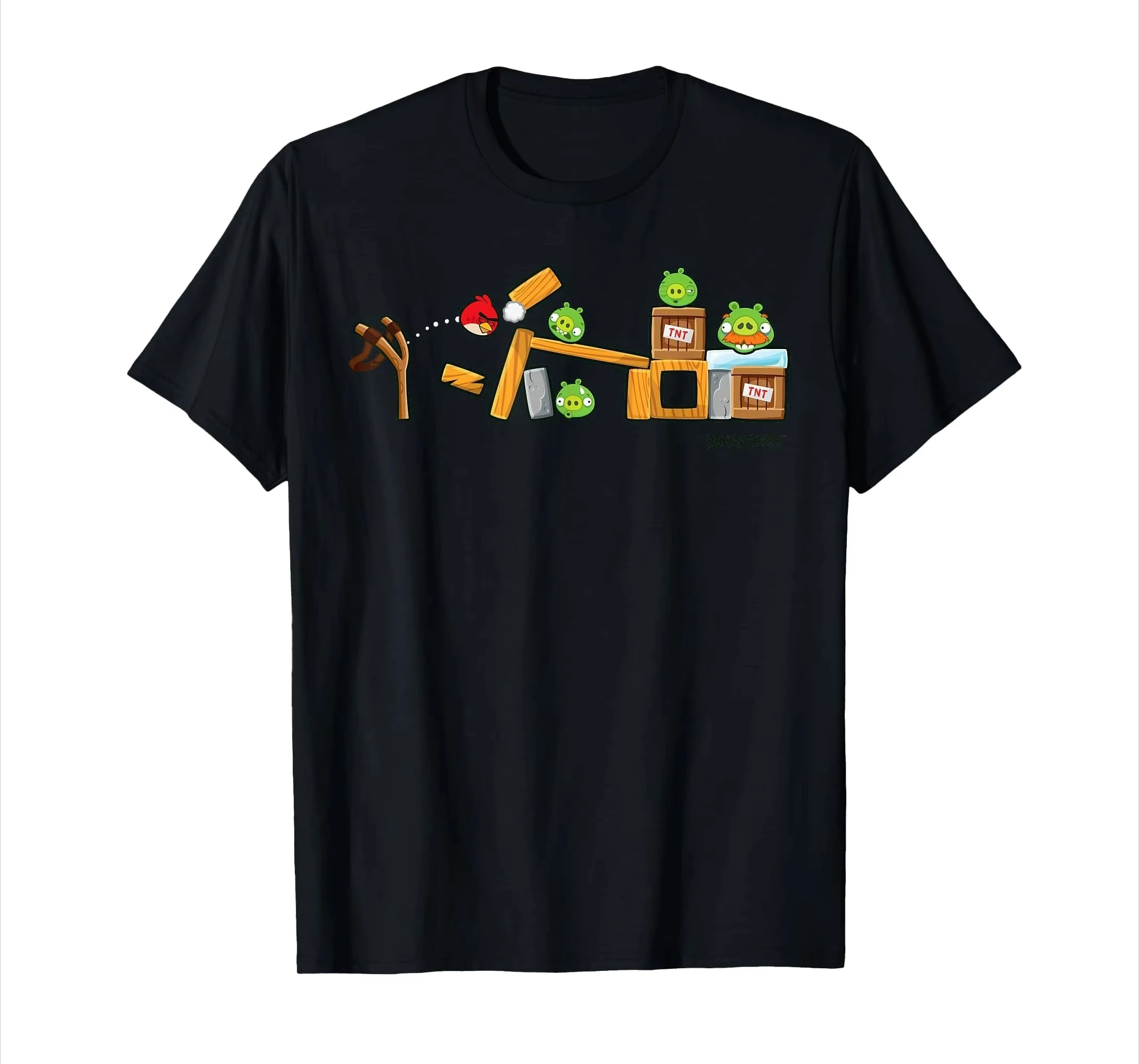 Angry Birds Slingshot Game Scene T-Shirts Classic Video Game Graphic Tee Red Bird Launching At Pigs Wooden Structure Print Shirt