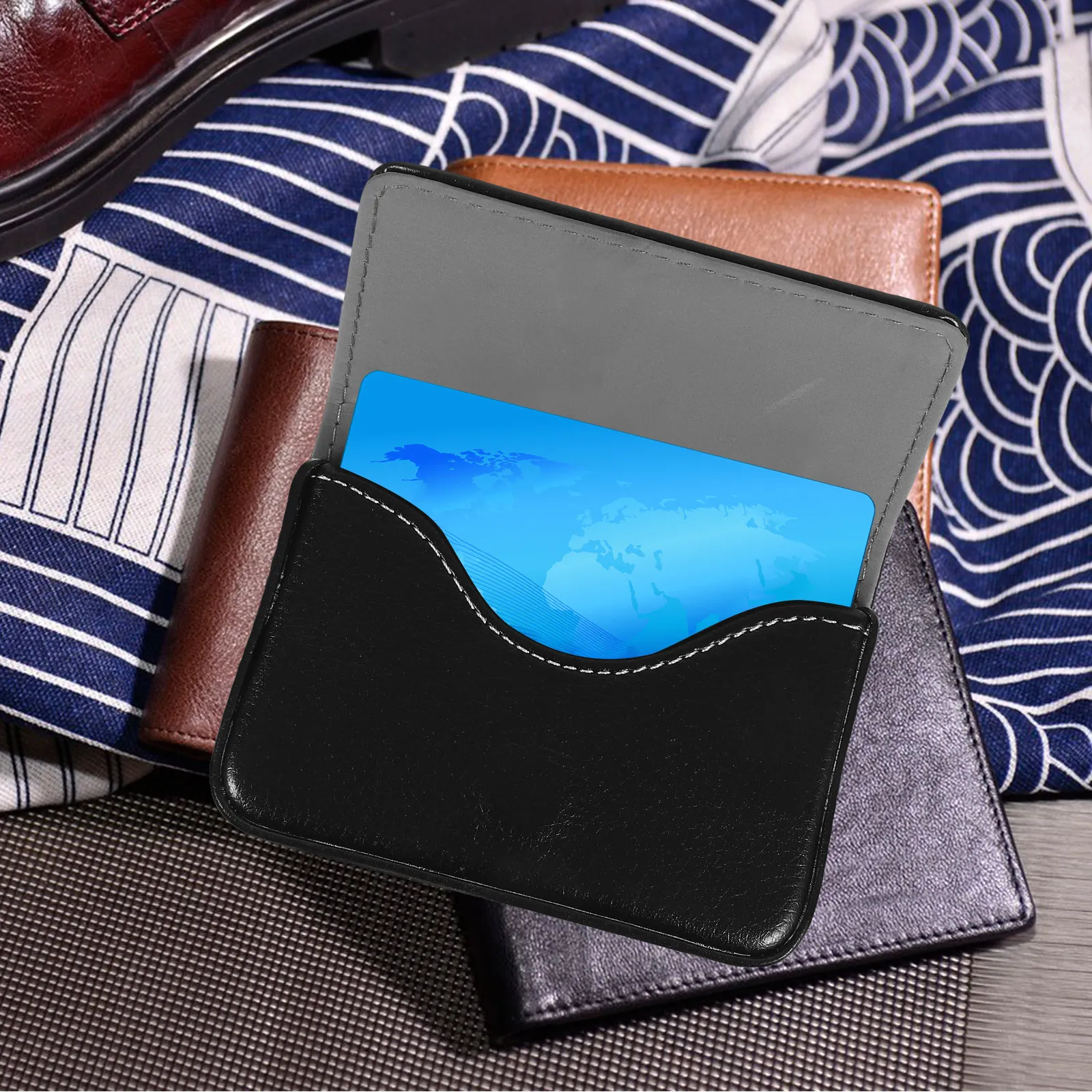 Slim Business Card Case Stainless Steel Frame Artificial Exterior Card Holder for Business Cards Credit Id Cards