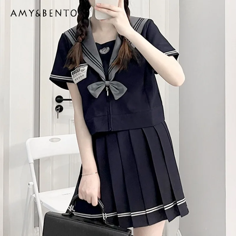 New Japanese Lolita Style Summer And Autumn Campus Skirt Top Sets JK Uniform Navy Dark Skirts Stripe Pleated Soft Outfits Female