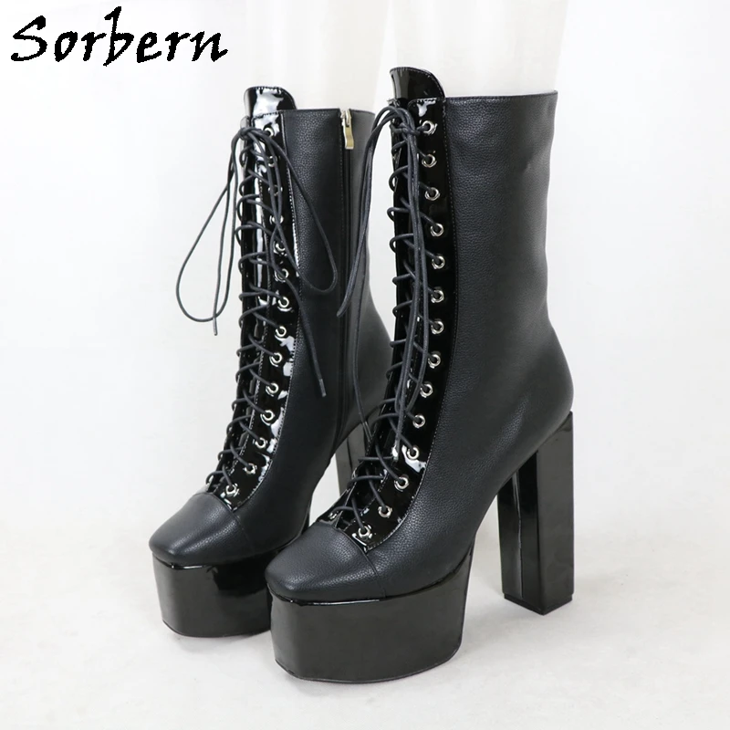 

Sorbern Black Ankle Boots Women Lace Up High Ankle Unisex Style Square Toe Visible Platform Shoes Short Booties Chunky Heeled