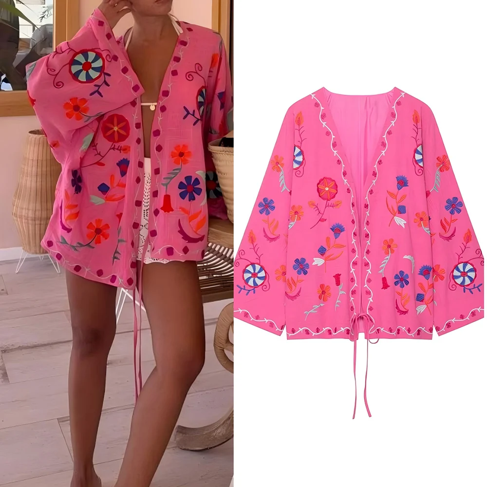 

Women's new fashion floral embroidery decoration loose V-neck lace up shirt Coat retro long sleeved women's Coat chic top