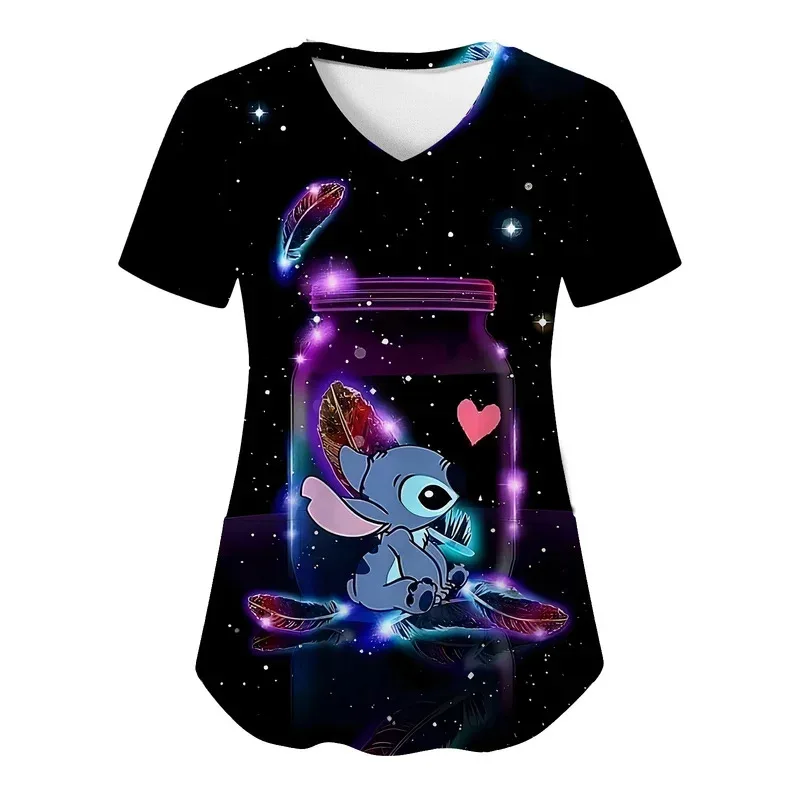 Miniso Nurse Uniform Tops V Neck T Shirt Disney Stitch Hospital Woman Clothes Pocket Top Women 2024 Summer Tshirt Shirts Tees