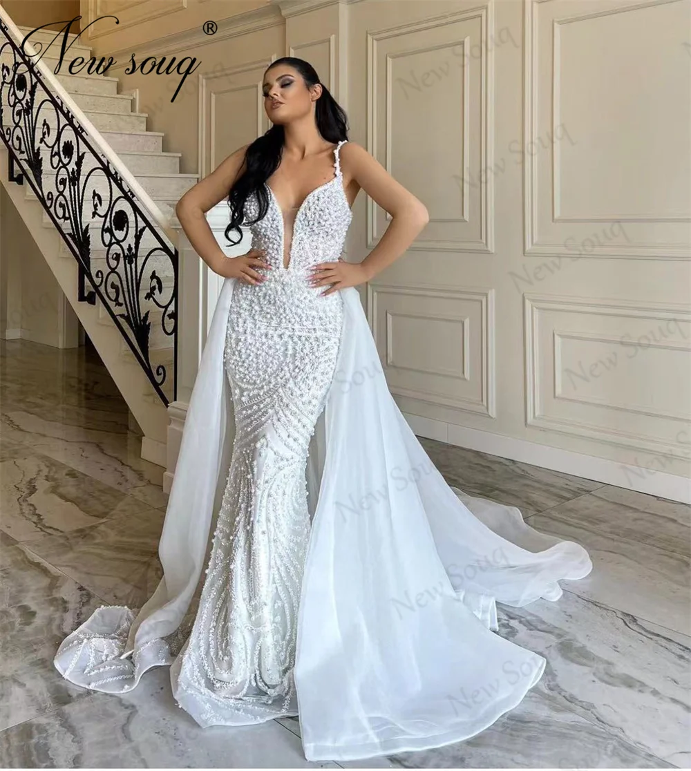 

New Elegant White Mermaid Wedding Dresses Vestidos De Noiva Saudi Arabic Detachable Skirt Bridal Gowns Beading Long Bride Dress