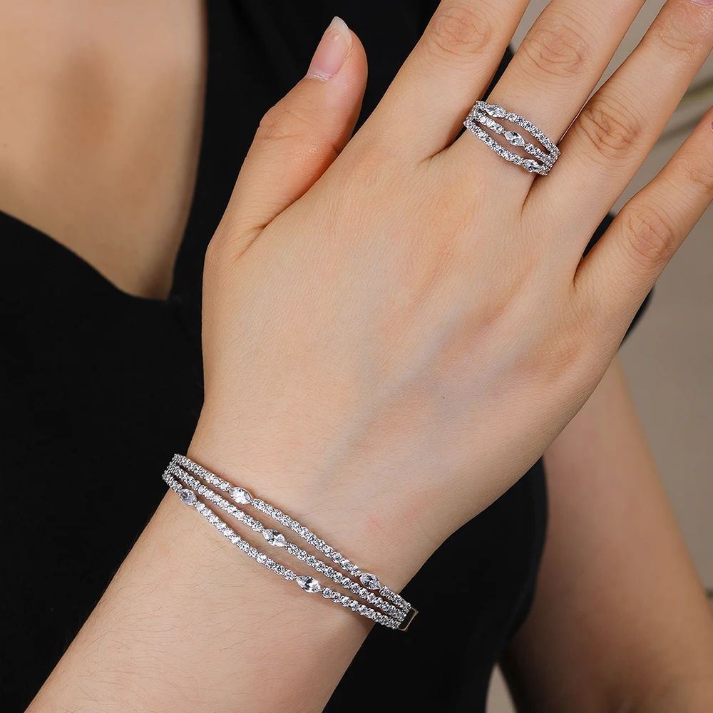 018821 TIRIM Fashion Cubic Zirconia Bangle Ring Set for Women Jewelry Accessory Dubai Wedding Engagement Bracelet Rhodium Plated