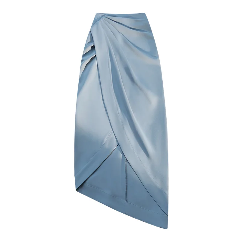 Pleated Irregular Slit Casual Skirt for Women 2024 Summer High-waist Slim Niche Design Hip-hugging Suit Mid-length Skirt