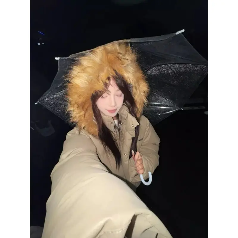 

Повседневная универсальная нишевая куртка с капюшоном и меховым воротником для женщин, зимнее толстое и теплое свободное и простое пальто, женская одежда