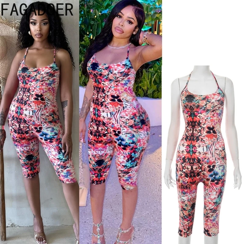 

FAGADOER Y2k Sexy Flower Print Bodycon Rompers Women Spaghetti Strap Backless Jumpsuits Female Streetwear Overalls Summer New