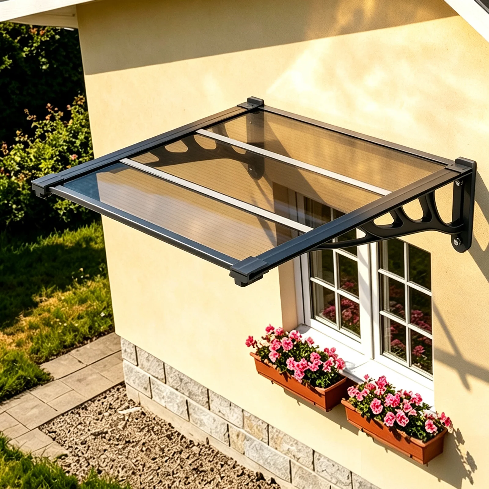 Polycarbonate Door Canopy with Built-in Gutter, Outdoor Waterproof Window Awning Rain Shelter for Home Entrance