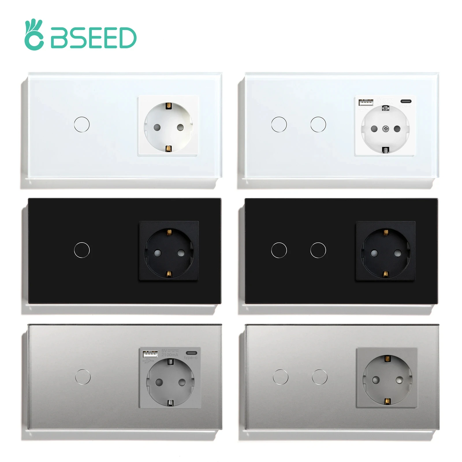 BSEED Touch Switch 1Gang 2Gang 3Gang EU Standard Wall Switches Socket With 3 Colors 300W Crystal Glass Panel Touch Switch 157MM