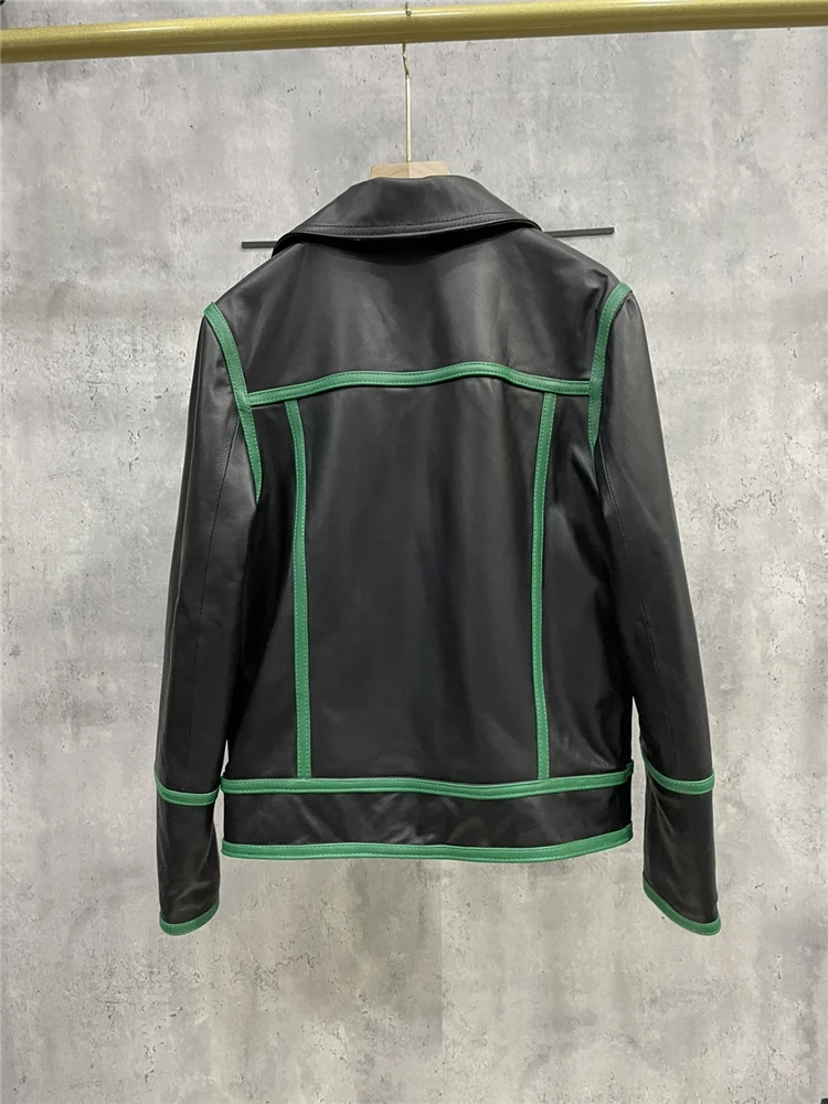 Jaket Kulit Asli Mantel Kulit Domba Asli Rivet Cocok Warna Wanita Mode Jaket Biker Moto Turndown Pakaian Luar Wanita Y3063