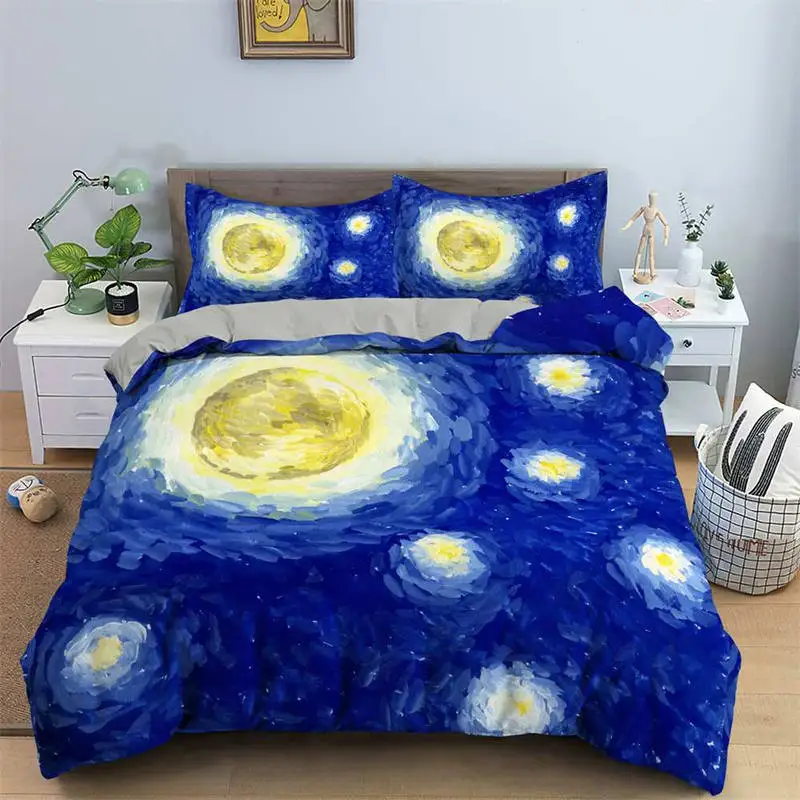 Set biancheria da letto artistica 3D King Monet Van Gogh Style Sky Oil Painting Pattern copripiumino stampato con federe vendita calda 2/3 pezzi