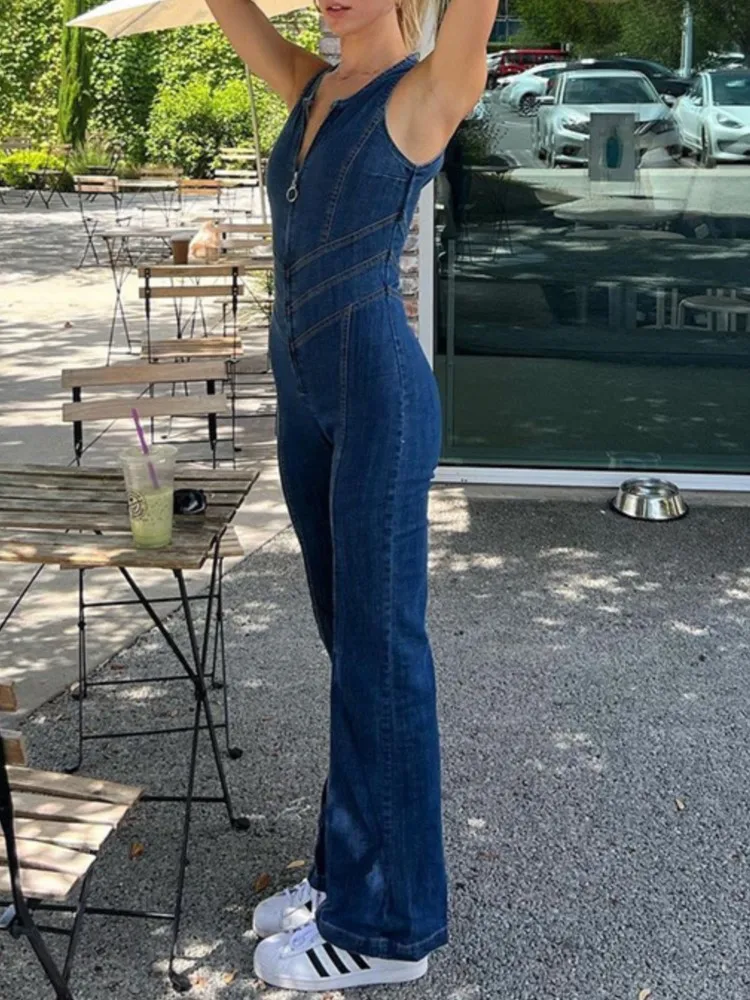 จั๊มสูทแฟชั่นสไตล์สตรีทเรโทรสำหรับฤดูใบไม้ผลิ ทรงสลิม แขนกุด เอวสูง โชว์หลัง ดีไซน์เก๋