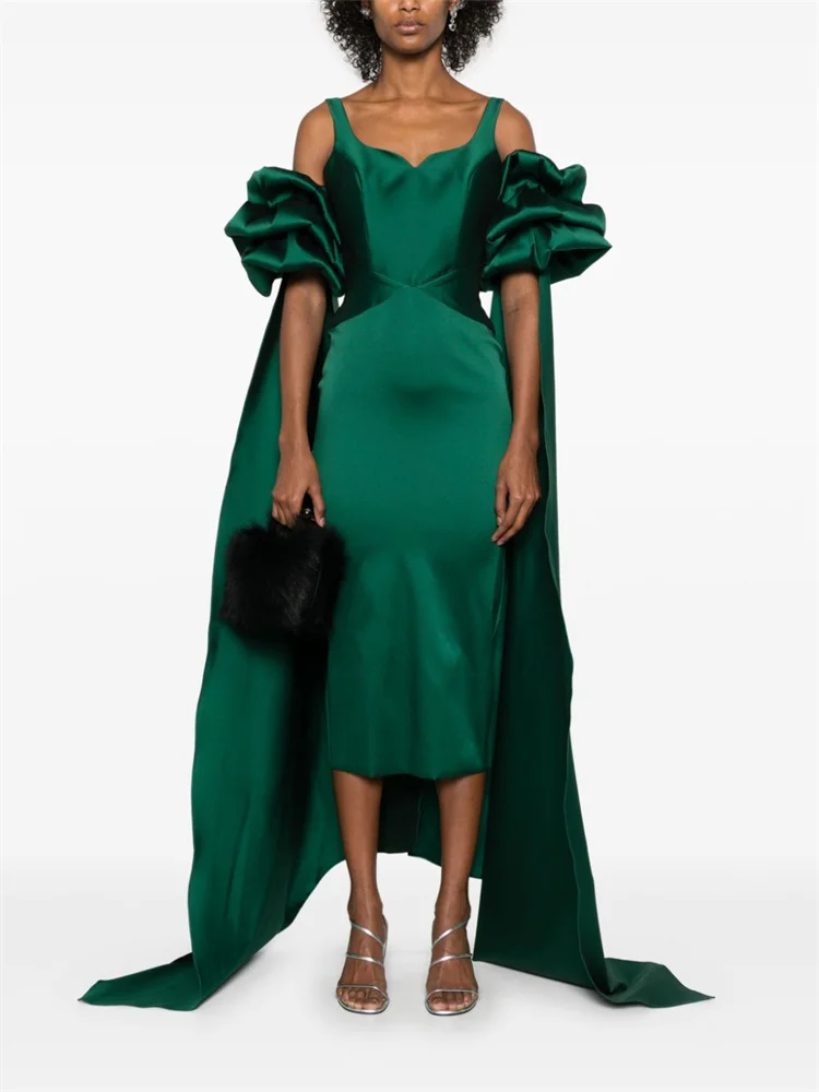 Aangepaste Sweetheart Neckline Korte Ruffled Puff Mouwen Avondjurk Open Rug Rits Enkel Lengte Achter Slit Gown Voor Vrouwen