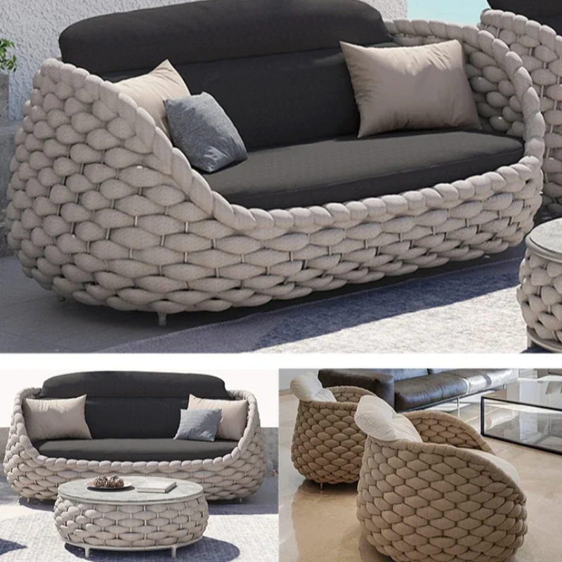 Teras halaman belakang tahan air bantal nyaman furnitur tali anyaman tangan taman Sofa kursi Set