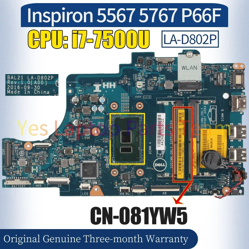 BAL21 LA-D802P For Dell Inspiron P66F 5567 5767 Laptop Mainboard CN-081YW5 i7-7500U SR2ZV 100％ Tested Notebook Motherboard