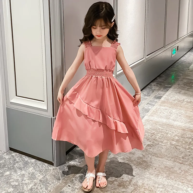 2024 Summer Kids girls flounce chiffon sleeveless party Dresses Formal Princess Children braces skirt 4 5 6 7 8 10 11 12 Years