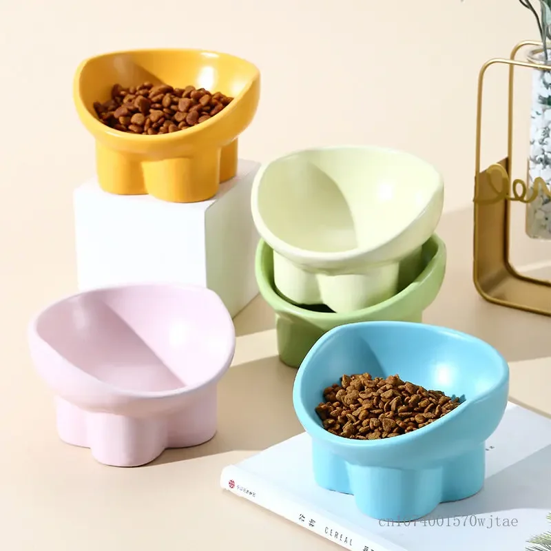 Ceramic High Feet Drinking Water Food Bowls, Anti Overturning Oblique Mouth, Neck Protection, Lovely Pet Articles, 1Pc