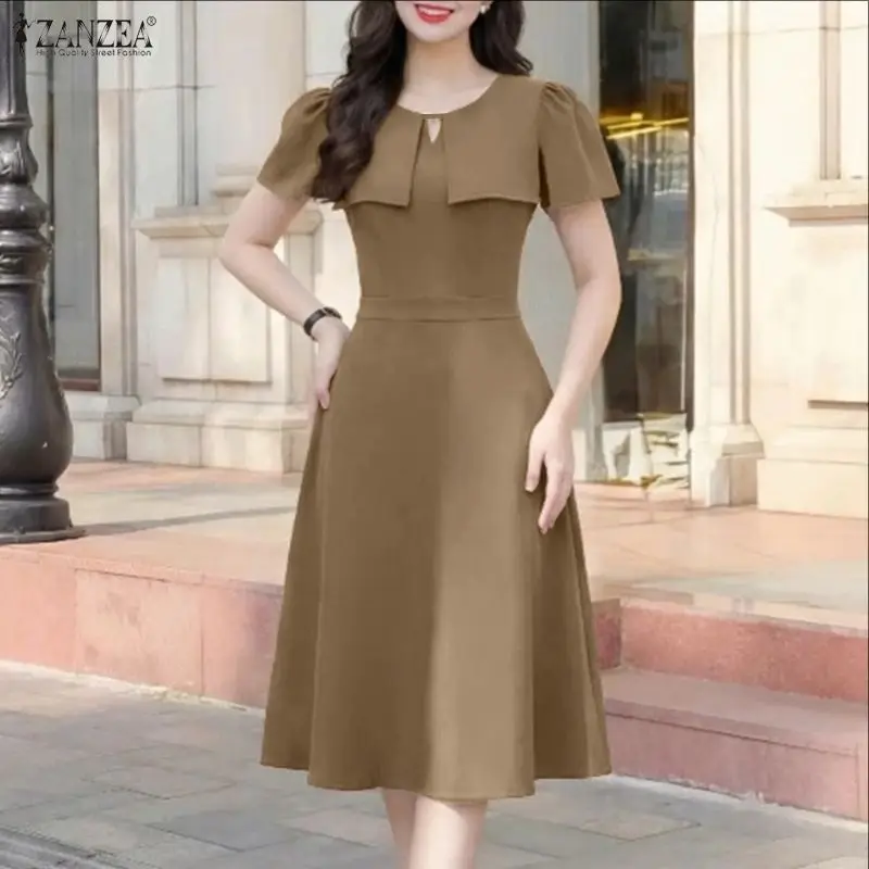 

ZANZEA 2026 Summer A Line Dress Women Stylish Solid Color OL Work Dresses Elegant O Neck Short Sleeve Sundress Holiday Midi Robe