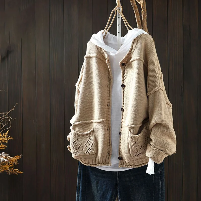 Vintage Patchwork Sweater Knit Cardigan Spring and Autumn Clothing Literary and Casual Temperament Long Sleeved Coat