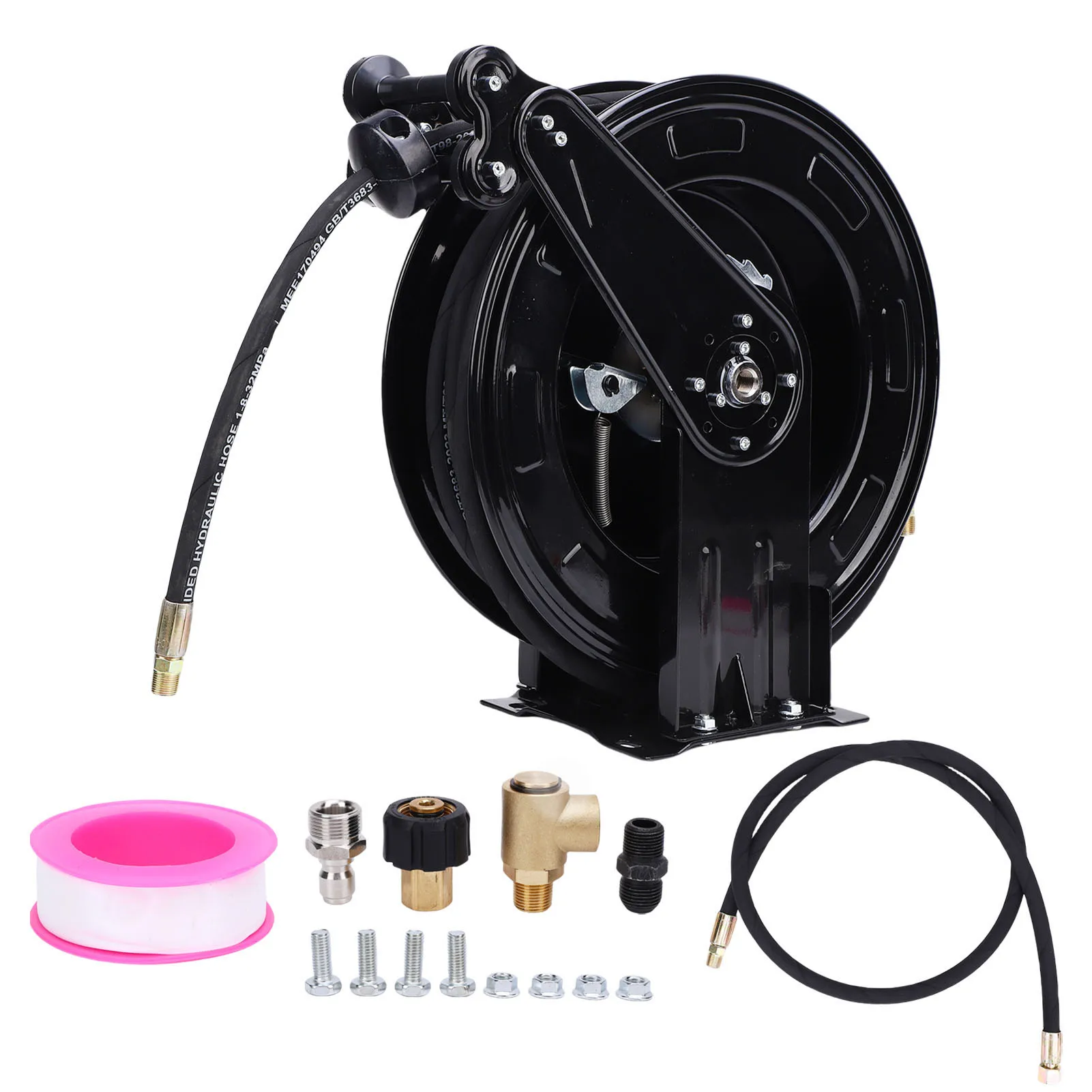 

Pressure Washer Hose Reel 2 Arm 3/8inx49.21ft Retractable Auto Rewind Heavy Duty Steel with 49.21ft Hose 4.9ft Wire 4000PSI
