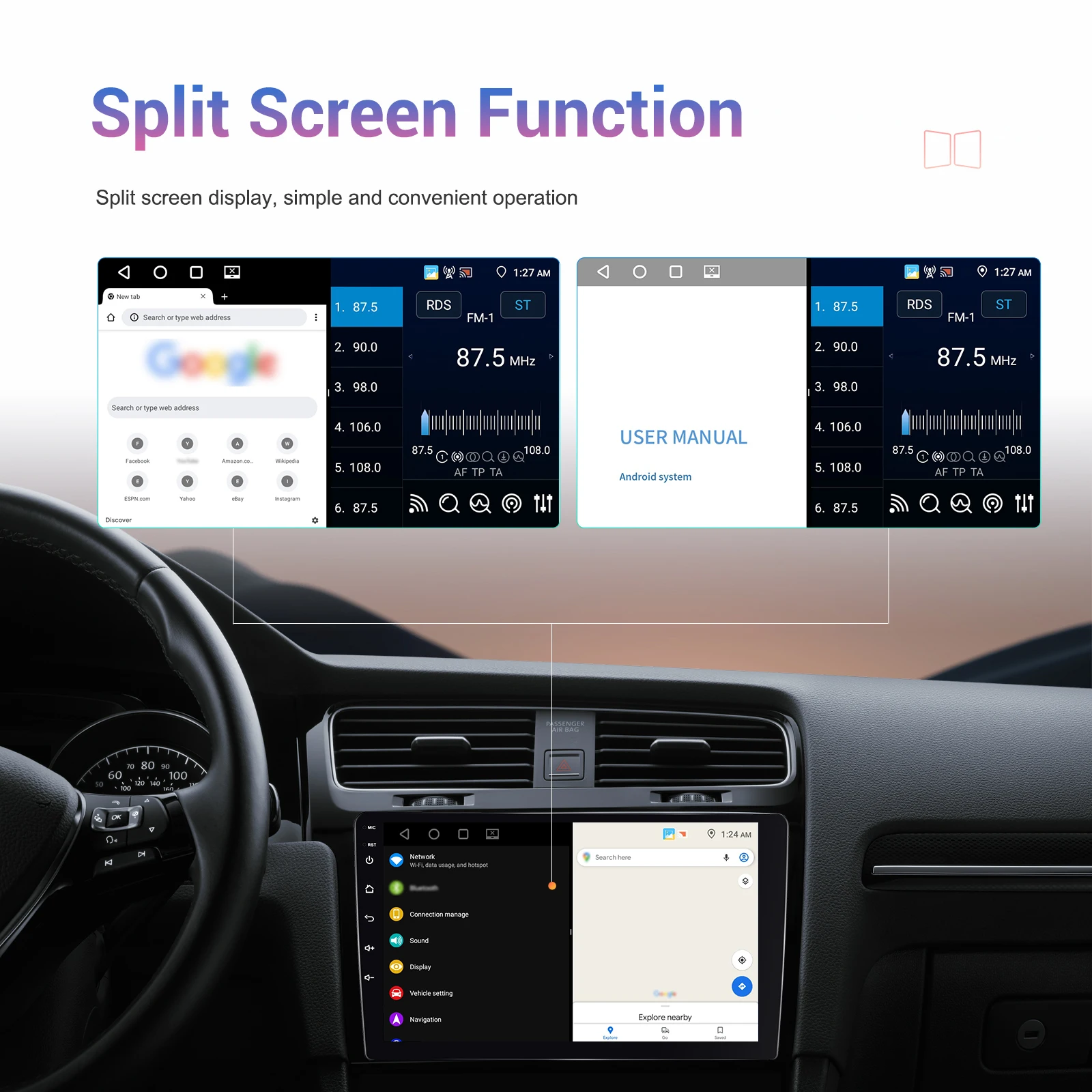 Podofo 9 Zoll Doppel-DIN Android Autoradio Multimedia-Player 4+64G HD 1080P IPS Touchscreen 4 Kerne Wireless Carplay Android Auto Mirror Link Autoradio WIFI GPS BT FM/RDS USB Unterstützung