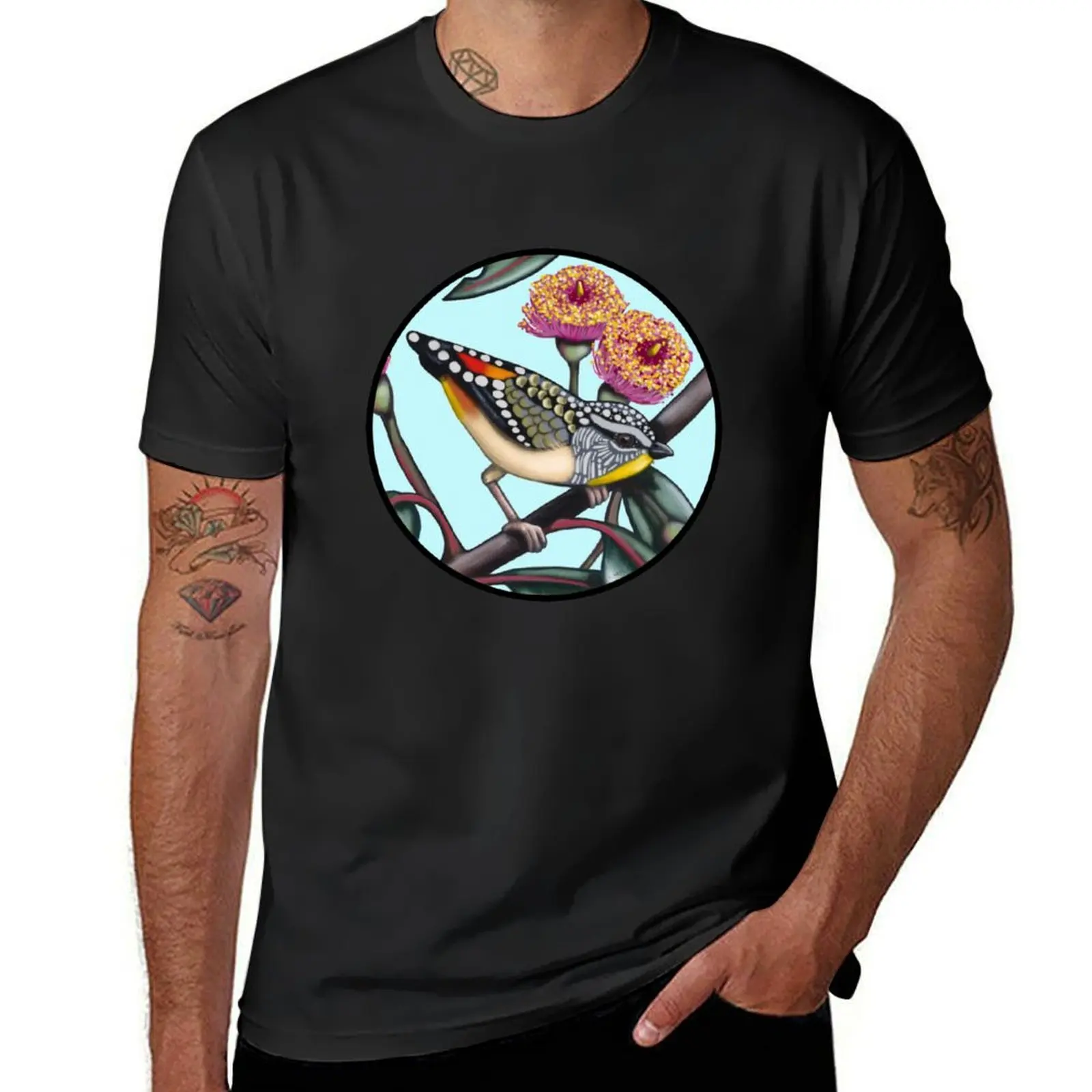 Pardalote in Gum Flowers Round by Australian artist Laural Retz T-Shirt cute clothes tops quick-drying men clothings