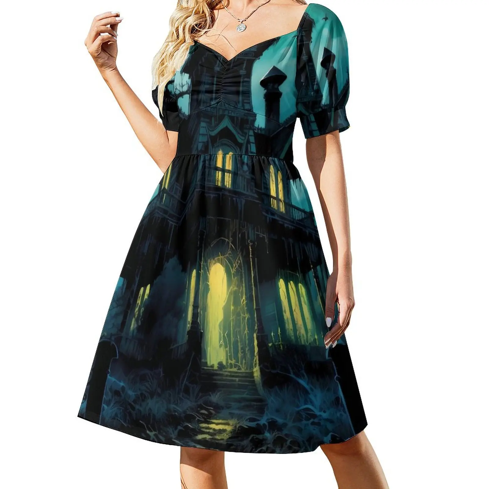 Haunted Mansion Casual Dress Halloween Print Street Wear Dresses Sexy V Neck Beach Design Dress Large Size