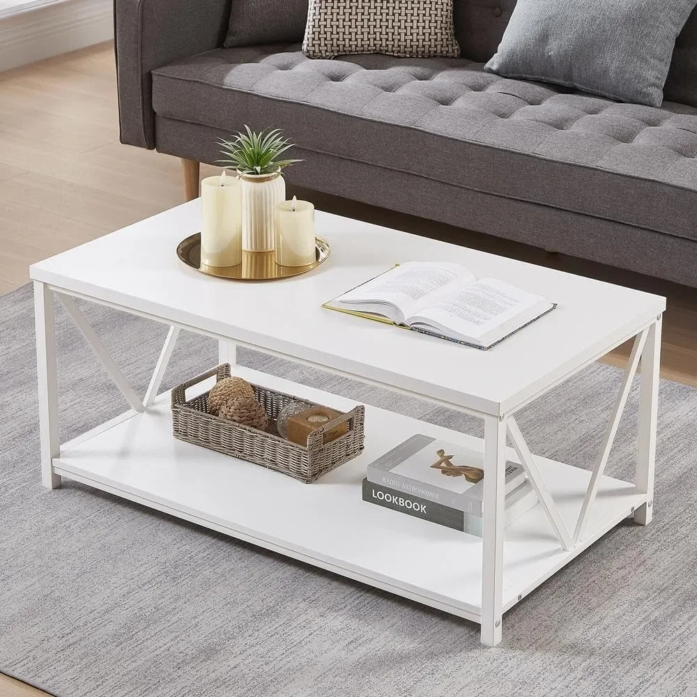 Rustic Coffee Table, Modern Living Room Table with Storage Shelf, White Oak